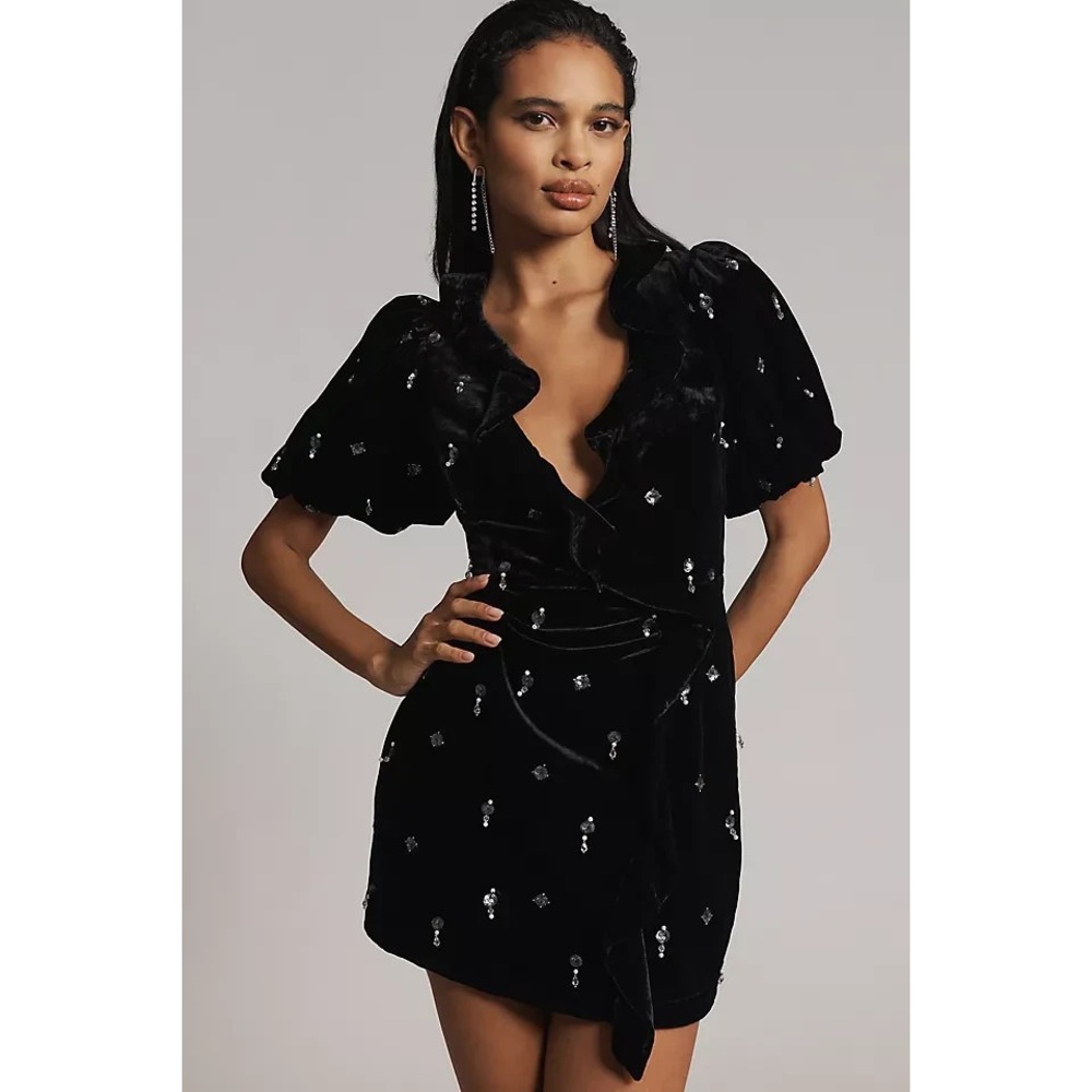 Maeve Black Velvet Mini Dress Sz 4 Puff Sleeve Sequined Cocktail Holiday Party